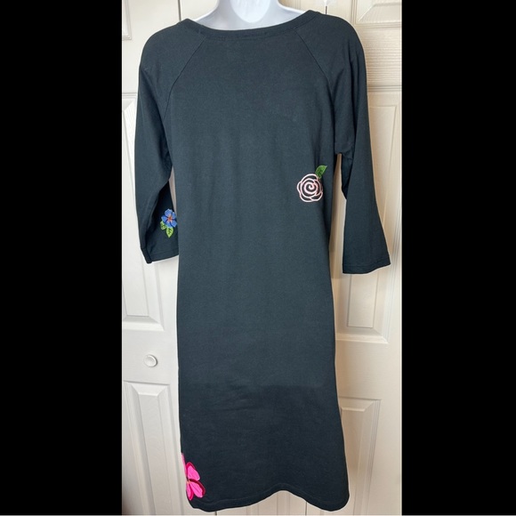 MICHAEL SIMON Lite Floral Embroidered Midi Dress Black Scoop Neck Pullover Pink - Picture 7 of 10